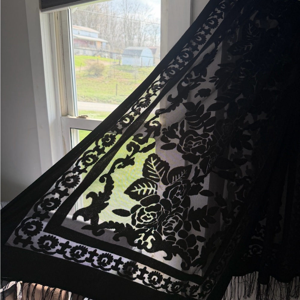 Black Floral Lace Shawl with Fringe